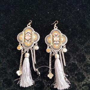 Iris Apfel & Bajalia Gray & Silver Embellished Tasseled HUGE Statement Earrings